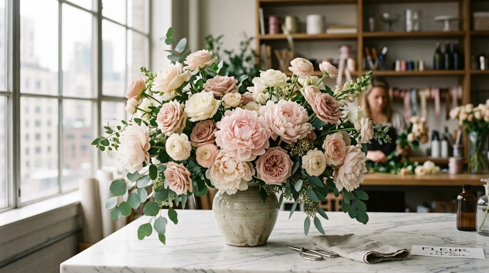 A luxury Rainmeter floral arrangement of peonies, garden roses and ranunculus in a SoHo New York studio